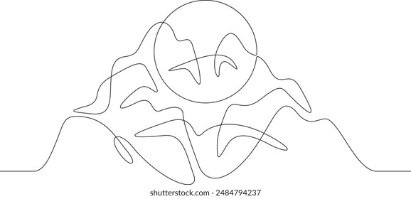 High mountains. Sunrise and sunset. Mountain landscape. Sun in the mountains. Nature logo.One continuous line. Line art. Minimum one line. White background. One line drawing.