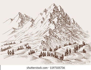 High mountains, surrounding hills and alpine meadows