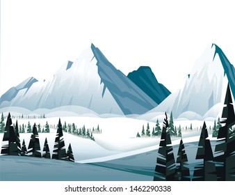 High mountains in winter with evergreen coniferous forest flat vector illustration winter landscape