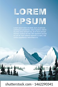 High mountains in winter with evergreen coniferous forest flat vector illustration winter landscape vertical banner design