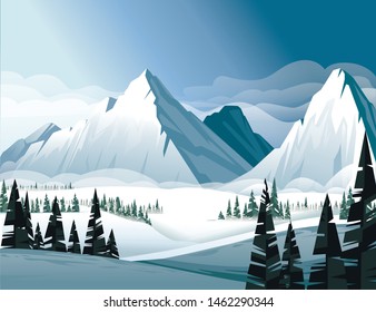 High mountains in winter with evergreen coniferous forest flat vector illustration winter landscape