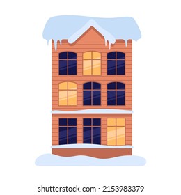high multi storey building hotel in a winter town. Vector illustration of Christmas buildings on the street. cartoon roof