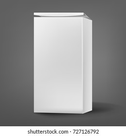 High and narrow, vertical, white cardboard (paper) box mockup, with shadow. Vector illustration