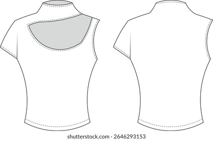 high neck asymmetric short sleeve strapped strappy bodycon elastic blouse top tshirt tee template technical drawing flat sketch cad mockup fashion woman design style model 