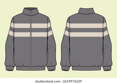 Jaqueta atlética de alto pescoço desenho técnico moda plana ilustração esboço vetor ilustração modelo de frente e de trás vistas contorno CAD mockup