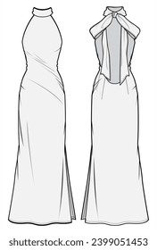 High Neck Back Bow Halter Neck Back Open Maxi Dress, Bridal Halter Neck Wedding Dress Front and Back View. Fashion Flat Sketch Vector Illustration, CAD, Technical Drawing, Flat Drawing, Template