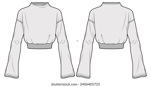 High Neck Bell Sleeve Drop Shoulder Crop Top Front and Back View. Fashion Illustration, Vector, CAD, Technical Drawing, Flat Drawing, Template, Mockup