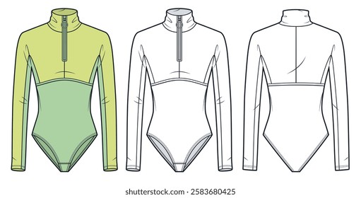 High Neck Bodysuit Technical Fashion Illustration. Two-Tone Zip-Up Bodysuit fashion flat technical drawing template, long sleeve, slim fit, front, back view, white, women, men, unisex CAD mockup set.