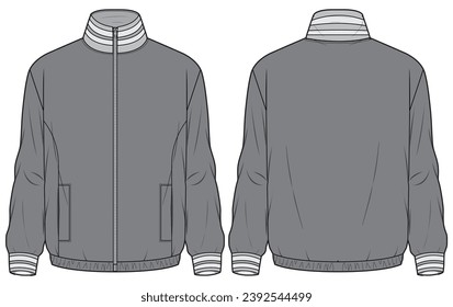 Vista frontal y posterior de la Chaqueta de Bomber de cuello alto. Moda Ilustración, Vector, CAD, Dibujo Técnico, Plano Plano, Plantilla, Trampa.