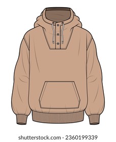 High Neck Button Hoodie Sweater Fashion Flat Sketch Vector Illustration, CAD, Technical Drawing, Flat Drawing, Template, Mockup.