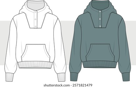 High Neck Button Hoodie Sweatshirt Vector Illustration, Fashion Flat Sketch Drawing, Technical Drawing, Template, Mockup.