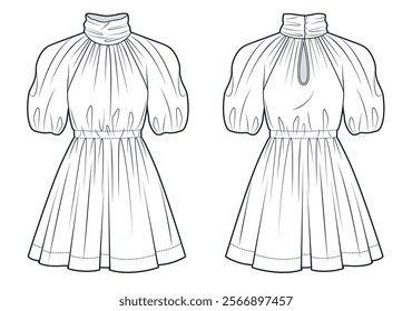 High Neck Dress technical fashion illustration. Mini Dress fashion flat technical drawing template, puff sleeve, elastic waist, front and back view, white, women Dress CAD mockup.