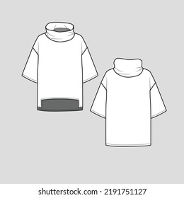 High Neck Drop Shoulder Sweatshirt Fashion Hem Clothing Outline Drawing Flat Sketch Template