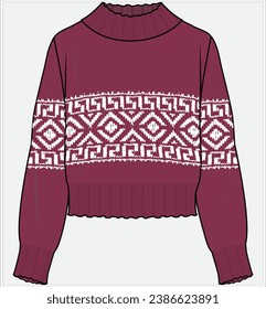 HIGH NECK FAIR ISLE SWEATER CARDIGAN DESIGNED FOR WOMEN AND TEEN GIRLS IN VECTOR ILLUSTRATION FILE