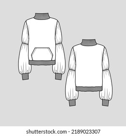 High Neck Gathering Lantern Sleeve Sweat Shirt Ribbed Hem Kangaroo Pocket Long Balloon Sleeve Ribbed cuffs  fashion t shirt top blouse Flat Sketch technical drawing template design vector