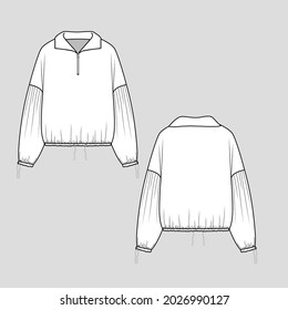 High Neck Half Zipper Sweatshirt Drop Shoulder Elastic Tunnel Draw String Hem Flat Sketch Technical Drawing Vector Design