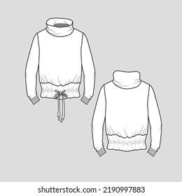 High Neck Knotted hem Top Gathering Knot tie Hem long Sleeve Fashion Sweatshirt  t shirt Blouse flat sketch technical drawing template design vector