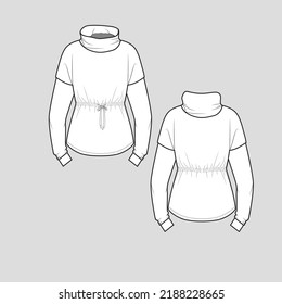 Hoher Neck Knotted Sweat Shirt Tailtentunnel Zeichentunstollen Schnürsenkel Schnürsenkel Nackenschuss Langschlauch Mode übergroß T Shirt Top Bluse Flat Sketch technisches Zeichentedesign 