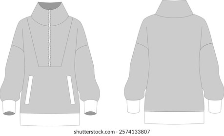 High neck long sleeve hoodie with zipper, vector mockup, fashion illustration, CAD mockup, technical drawing.