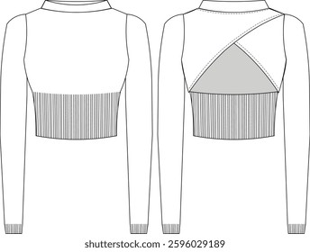 high neck long sleeve ribbed hem cuff backless back low cut cutout sweatwear knitwear template technical drawing flat sketch cad mockup fashion woman design style model 