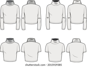 High Neck Long Sleeve and Short Sleeve Crop Top Front and Back View Vector Illustration, flat drawing.