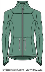 High Neck Long Sleeve Zip Up Activewear Running Track Training Jacket, Cycling Jacket   Fashion Flat Sketch Vector Illustration, CAD, Technical Drawing, Flat Drawing, Template, Mockup.