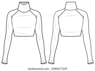 High Neck Raglan Long Sleeve Knit Crop T-Shirt Top, Turtleneck Long Sleeve Crop Tee Front and Back View. Fashion Illustration, Vector, CAD, Technical Drawing, Flat Drawing, Template, Mockup.