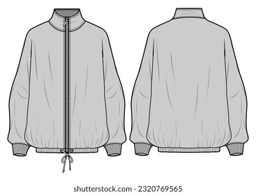 La capa de lluvia de cuello alto le reunió la vista frontal y posterior de la Chaqueta de invierno Drawstring. Ilustración de vectores de sketch plano de moda, CAD, dibujo técnico, plano plano, plantilla, mordaza.