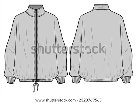 High Neck Raincoat Gathered Hem Drawstring Winter Jacket  Front and Back View. Fashion Flat Sketch Vector Illustration, CAD, Technical Drawing, Flat Drawing, Template, Mockup.