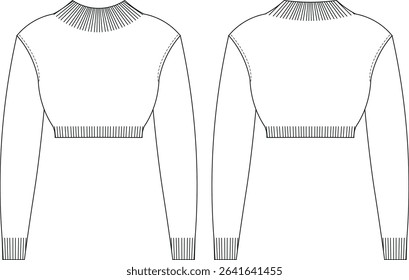 high neck ribbed neck hem cuff long sleeve knitted slouchy loose cropped crop sweater knitwear pullover template technical drawing flat sketch cad mockup fashion woman design style model 