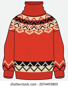 HIGH NECK ROLLED NECK TURTLE NECK FAIR ISLE SWEATER DESIGNED FOR WOMEN AND TEEN GIRLS IN VECTOR ILLUSTRATION