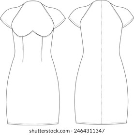 High Neck Short Mini Ärmel Body-Con Short Dress Vorlage Technische Zeichnung Flache Skizze CAD Mockup Mode Frau Design Stil Model