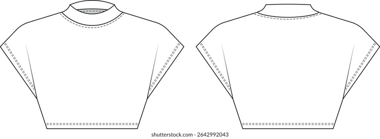 high neck short sleeve cap sleeve fit cropped crop blouse top tshirt tee template technical drawing flat sketch cad mockup fashion woman design style model 