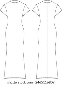 high neck short sleeve long maxi bodycon dress template technical drawing flat sketch cad mockup fashion woman design style model