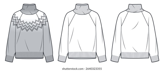 High Neck Sweater Technical Fashion Illustration. Sweater fashion flat technical drawing template, long sleeve, front and back view, white, grey, nordic chevron pattern, women, men, unisex CAD mockup.