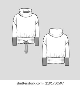 High Neck Sweatshirt Knotted hem drop shoulder Long Sleeve ribbed Cuffs  Fashion template  flat sketch drawing