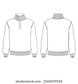 High neck t shirt fashion, half zip long sleeve flat sketch vector illustration.