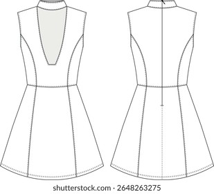 gola alta gola gola gola pescoço princesa darted tailored mangas zipado jean curto mini a linha vestido modelo técnico desenho plano esboço cad mockup moda mulher design estilo modelo 