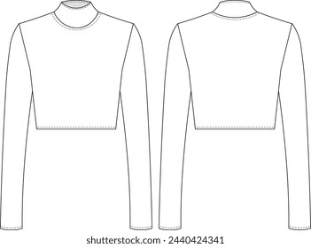 high neck turtleneck long sleeve short blouse sweater template technical drawing flat sketch cad mockup fashion woman design style model