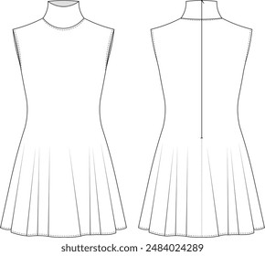 cuello alto cuello alto sin mangas acampanado con cremallera a-line vestido corto Plantilla dibujo técnico plano sketch cad maqueta de moda mujer diseño estilo modelo 