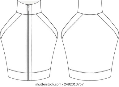 high neck turtleneck zippered sleeveless cropped blouse halter top template technical draawing flat sketch cad mockup fashion woman