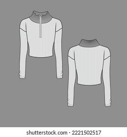 High Neck Zipper Ribbed Crop Top Drop shoulder Half Open Zip detail Long Sleeve fashion flat sketch technical drawing template vector