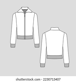 High Neck Zipper Sweatshirt ribbed hem and cuffs long sleeve winter fashion technical template flat sketch drawing vector