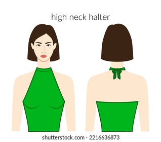 High neckline halter clothes character beautiful lady in green top, shirt, dress technical fashion illustration with fitted body. Flat apparel template front, back sides. Women, men unisex CAD mockup