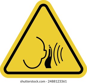 High noise areas. Hearing protection sign. Wear headphones or earplugs. Take precautions to protect your hearing. Noise protection sign. Warning yellow triangular road sign.