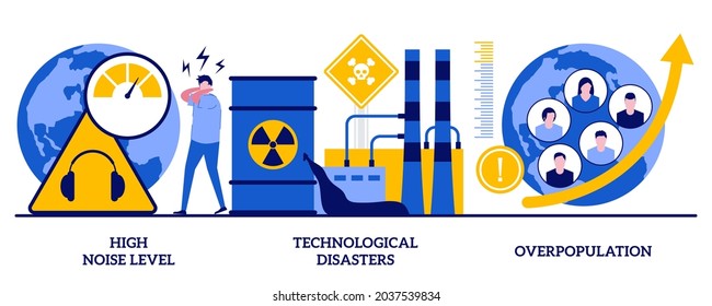 High noise level, technological disasters, overpopulation concept with tiny people. Environmental problems caused by human factor, negative impact on nature abstract vector illustration set.