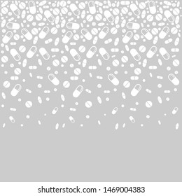 High number of pills on grey background surface.  Image for pharmaceutical industry. Medicine vintage  pattern. background made from pills and capsules. Vector Illustration