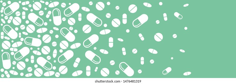 High number of pills on mint background surface.  Image for pharmaceutical industry. Medicine vintage pattern. Blue Background made from pills and capsules.  Illustration