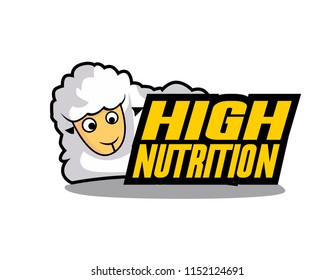high nutrition, beautiful greeting card or label with sheep illustration for farm theme, vector background, poster or banner