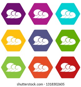 High ocean wave with foam icons 9 set coloful isolated on white for web